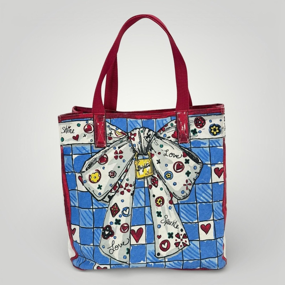 Brighton Tote Bag‎ Womens Large Multicolor Hearts Dog Cat Canvas Love Print 15"